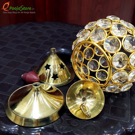 Akhanda Diya / Oil Lamp For Puja, Home decor and Diwali, Matka Shape, Brass & Crystal Diya 